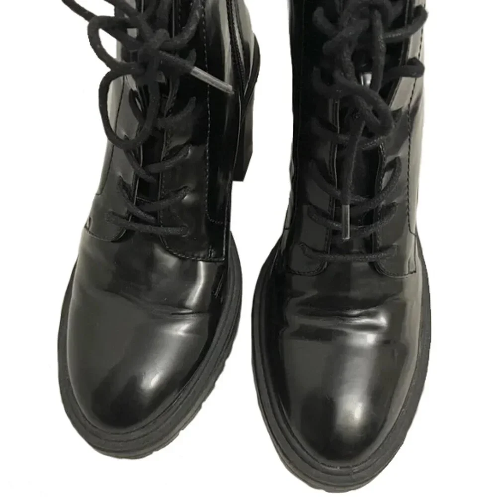 forever 21 | black patent faux leather lace platform chunky boots ankle booties